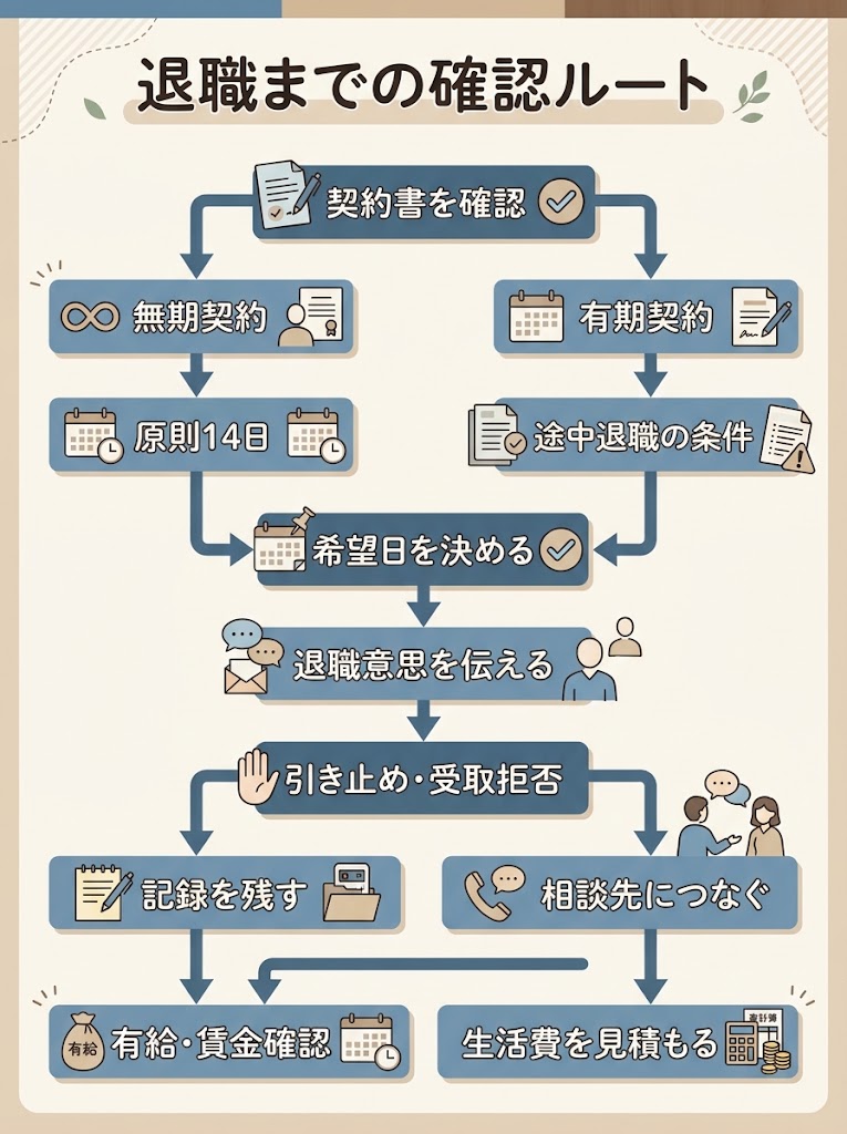 退職までに確認することを俯瞰できる、縦長の判断フローチャート型インフォグラフィック